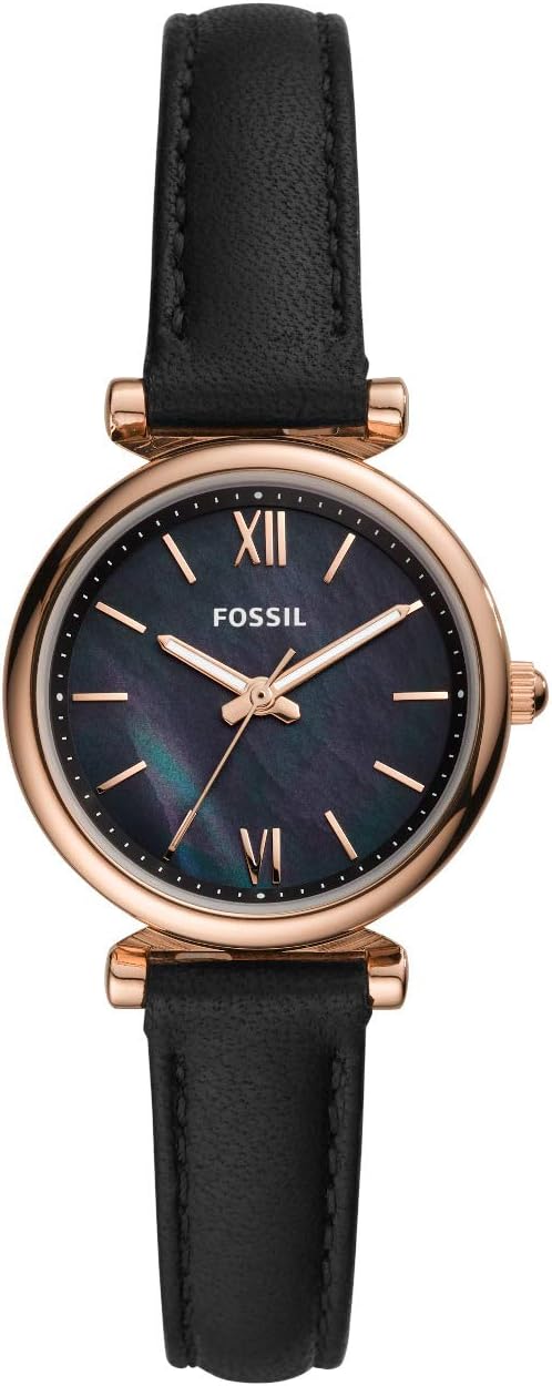 Fossil Carlie Mini horloge voor dames, Quartz uurwerk met roestvrij stalen of leren band, Zwart