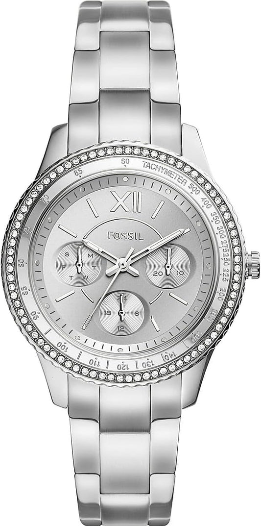 Fossil Stella horloge voor dames, chronograaf uurwerk met roestvrij stalen of leren band