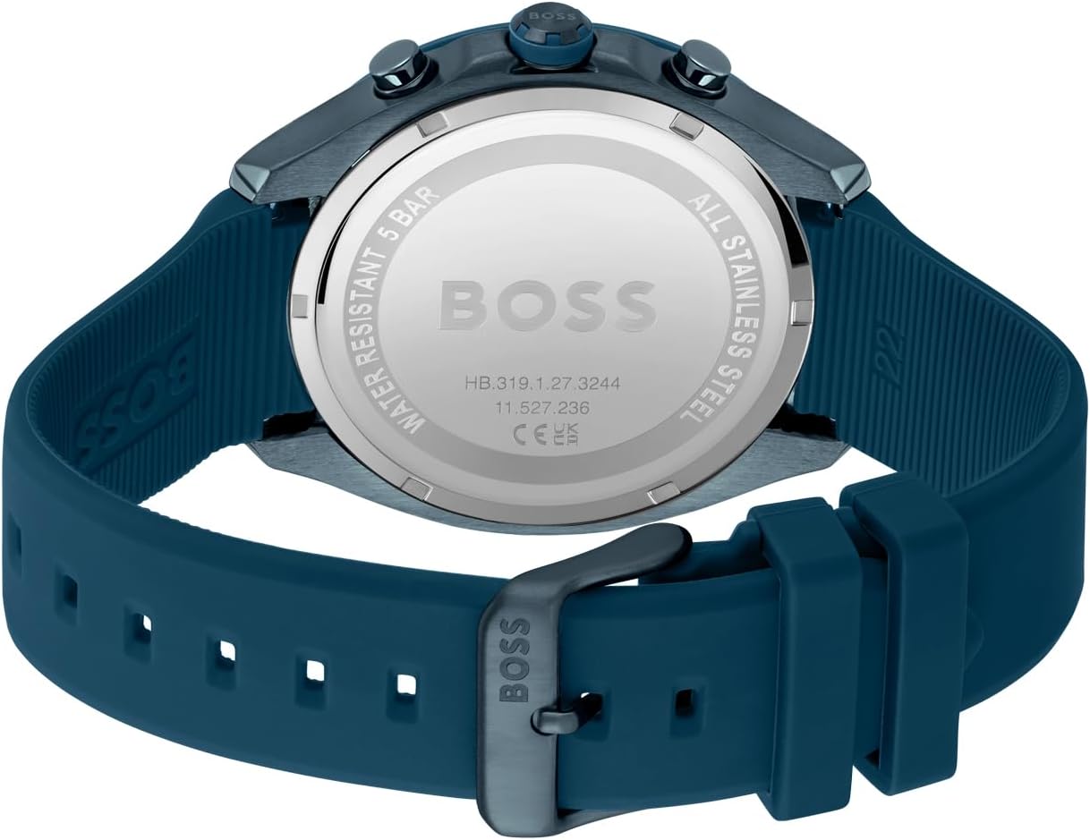 BOSS Velocity-herenhorloge met 44 mm chronograaf kwartshorloge met siliconen band, datumfunctie, 3 sub-wijzerplaten, 5ATM waterbestendig, Blauw, riem