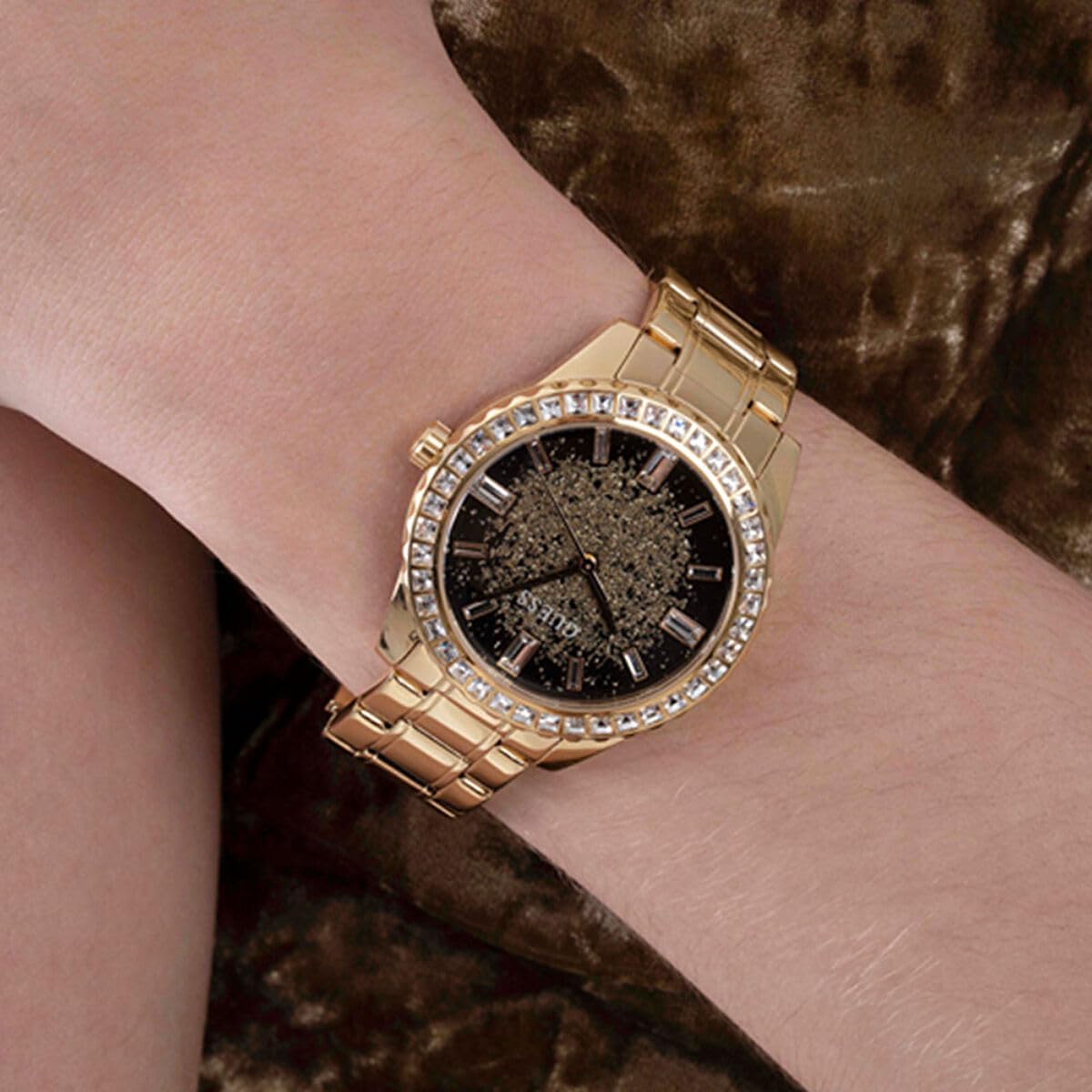 GUESS Dames sport glitter & kristal 38mm horloge, Goud-Toon/Zwart, one, armband