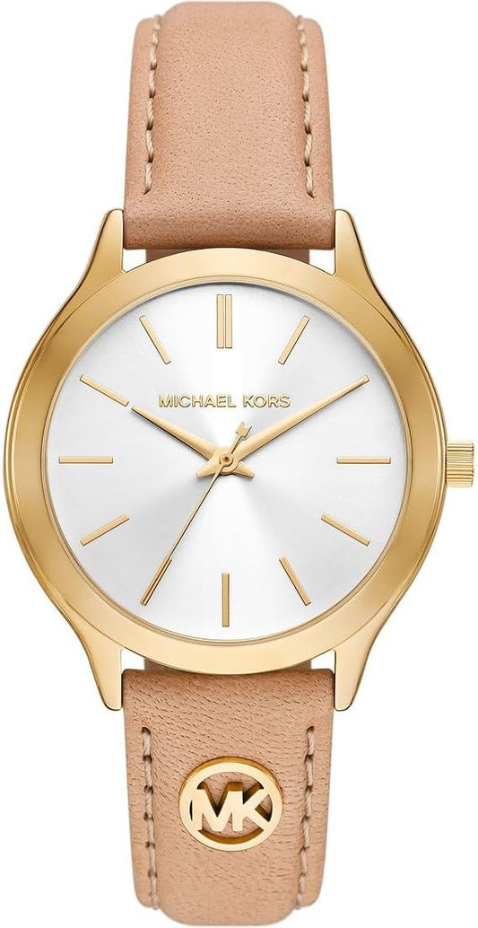 Michael Kors Slim Runway Horloge voor dames, 38mm Driehandig kwartsuurwerk met lederen horlogeband