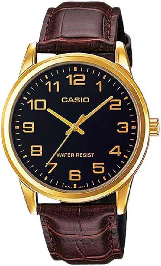 CASIO Analoog kwartshorloge voor heren met leren armband MTP-V001GL-1, bruin/zwart, Kwartsuurwerk