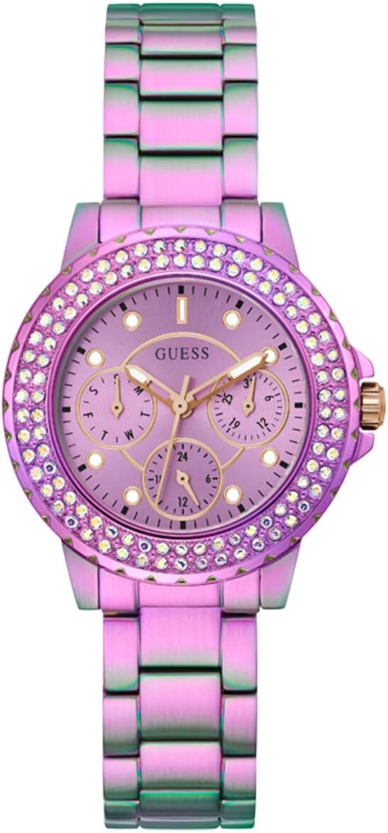 GUESS Dames sport kristal multifunctioneel 36 mm horloge - witte wijzerplaat rose goudkleurige roestvrijstalen kast met blauwe siliconen band