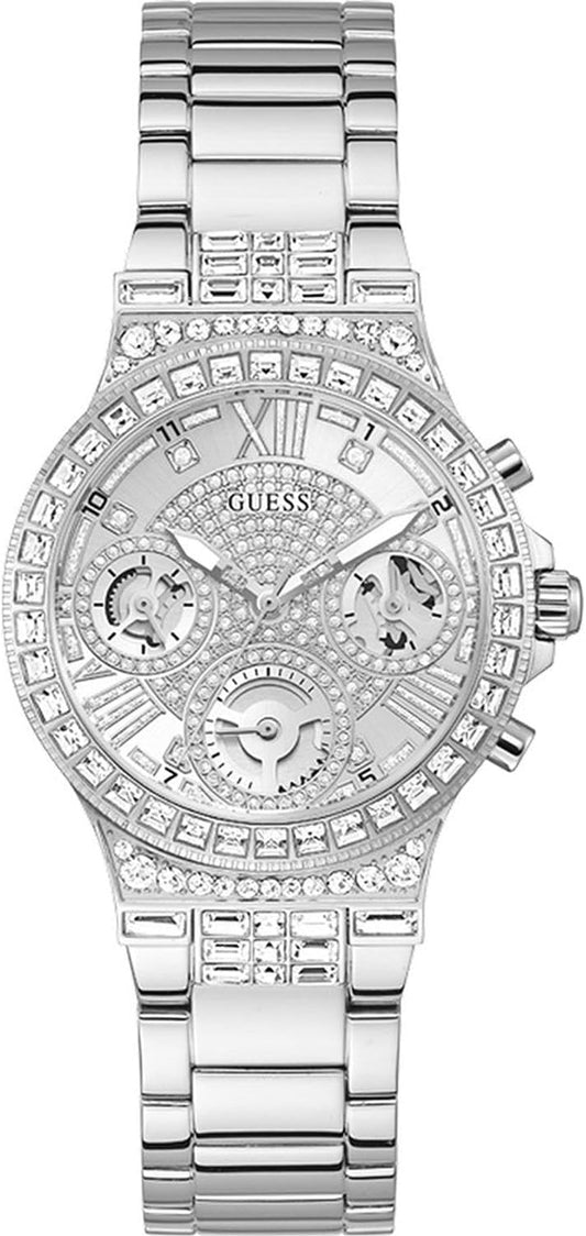 GUESS Dames sport multifunctionele Glitz met kristallen 36 mm horloge - roze wijzerplaat rose goudkleurige roestvrijstalen kast en armband, Zilveren Toon/Zilveren Toon/Zilver, Eén maat, MAANLICHT