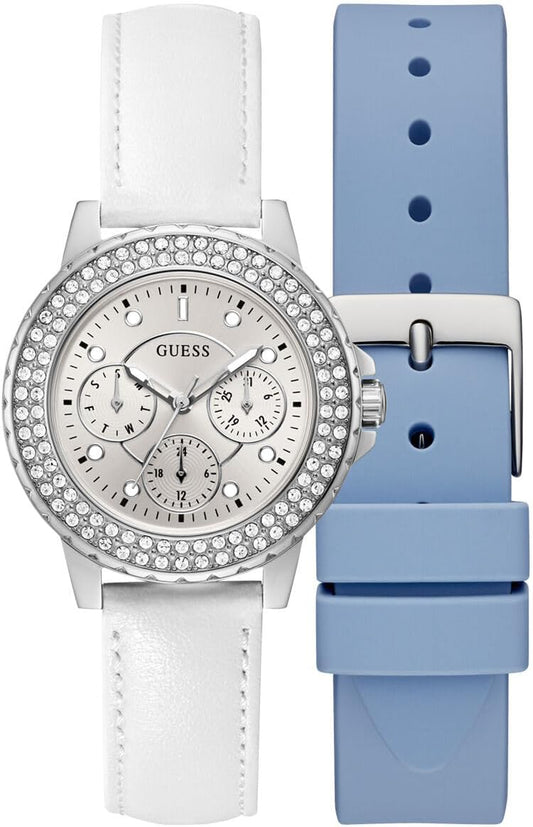 GUESS Dames sport kristal multifunctioneel 36 mm horloge - witte wijzerplaat rose goudkleurige roestvrijstalen kast met blauwe siliconen band