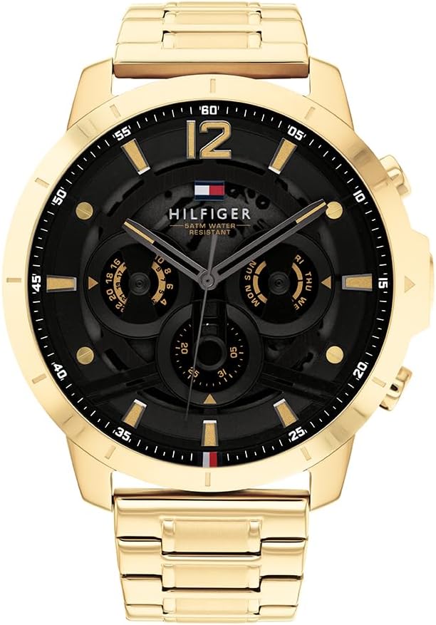 Tommy Hilfiger Analoog multifunctioneel quartz horloge voor mannen met goudkleurige roestvrijstalen armband - 1710511, Zwart, armband