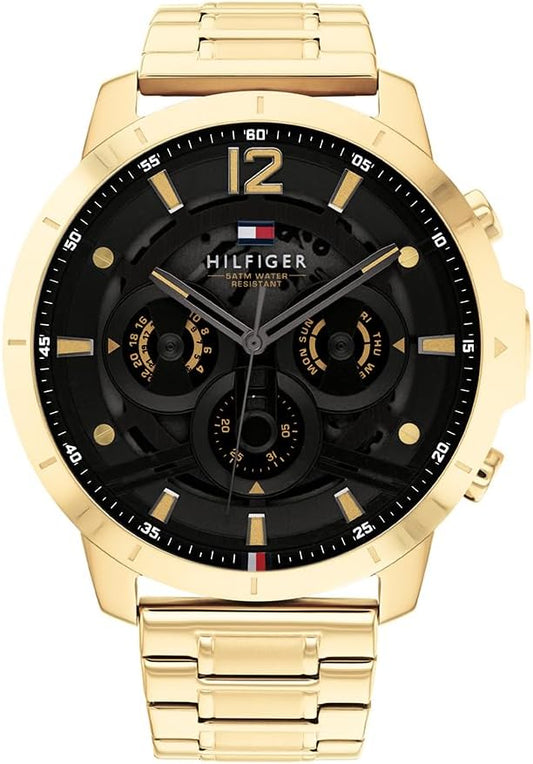 Tommy Hilfiger Analoog multifunctioneel quartz horloge voor mannen met goudkleurige roestvrijstalen armband - 1710511, Zwart, armband
