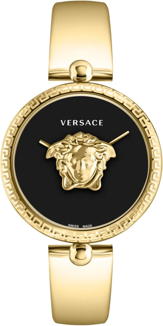 Versace Palazzo Empire Collection Luxe dameshorloge met gouden armband met gouden kast en zwarte wijzerplaat, goud, bot, Palazzo Empire, goud, bot, Palazzo Empire, Goud, OS, Palazzo Empire