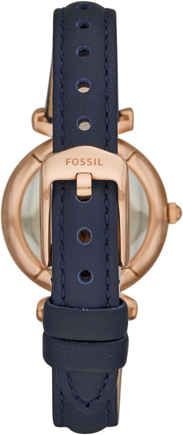Fossil Carlie Mini horloge voor dames, Quartz uurwerk met roestvrij stalen of leren band, Blauw en roségoudkleur
