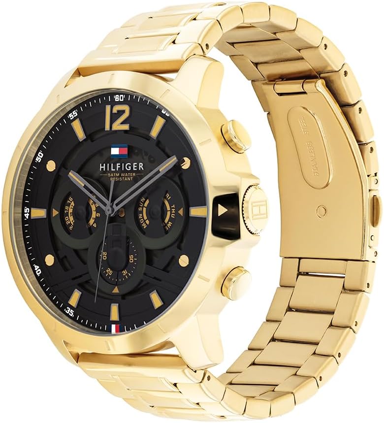 Tommy Hilfiger Analoog multifunctioneel quartz horloge voor mannen met goudkleurige roestvrijstalen armband - 1710511, Zwart, armband