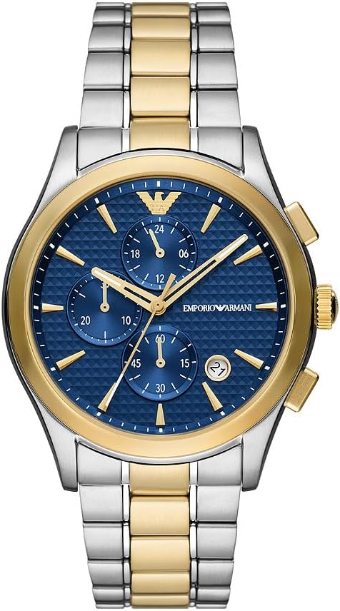 Emporio Armani Herenhorloge analoog kwarts met roestvrijstalen armband, meerkleurig, AR11579, Goud- en blauwe tint, Dit horloge heeft een sportief elegant design vanwege de ronde roestvrijstalen