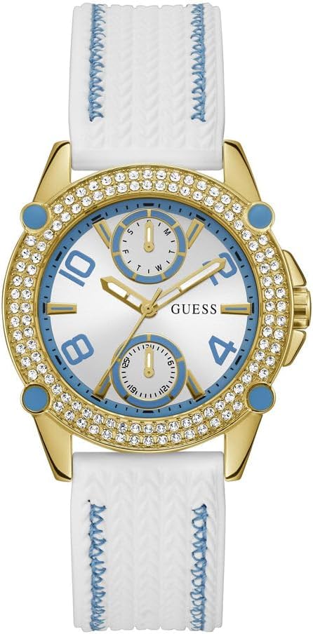 GUESS Dames 38mm horloge - witte band witte wijzerplaat zilverkleurige kast, Wit/Gouden Toon/Wit, Modern