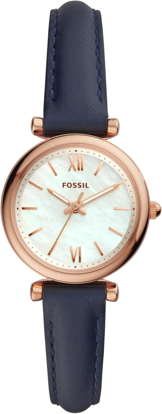 Fossil Carlie Mini horloge voor dames, Quartz uurwerk met roestvrij stalen of leren band, Blauw en roségoudkleur