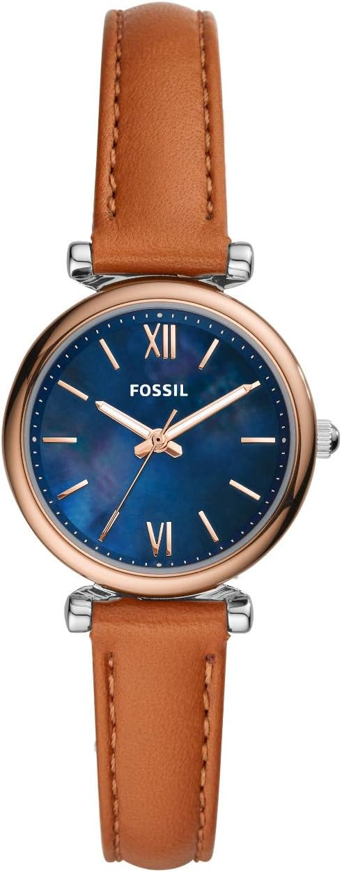 Fossil Carlie Mini horloge voor dames, Quartz uurwerk met roestvrij stalen of leren band, Bruin tanig