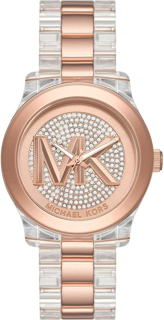 Michael Kors Runway Horloge voor dames, kwartsuurwerk met horlogeband van roestvrij staal, keramiek of leer