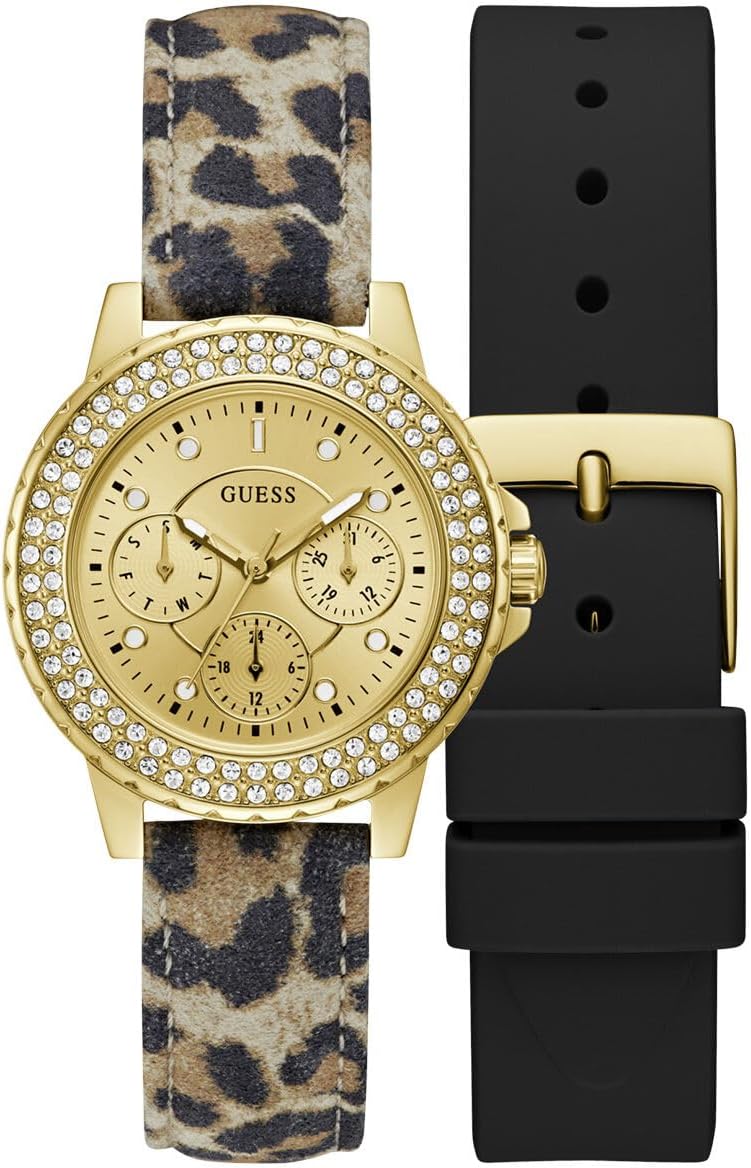 GUESS Dames sport kristal multifunctioneel 36 mm horloge - witte wijzerplaat rose goudkleurige roestvrijstalen kast met blauwe siliconen band