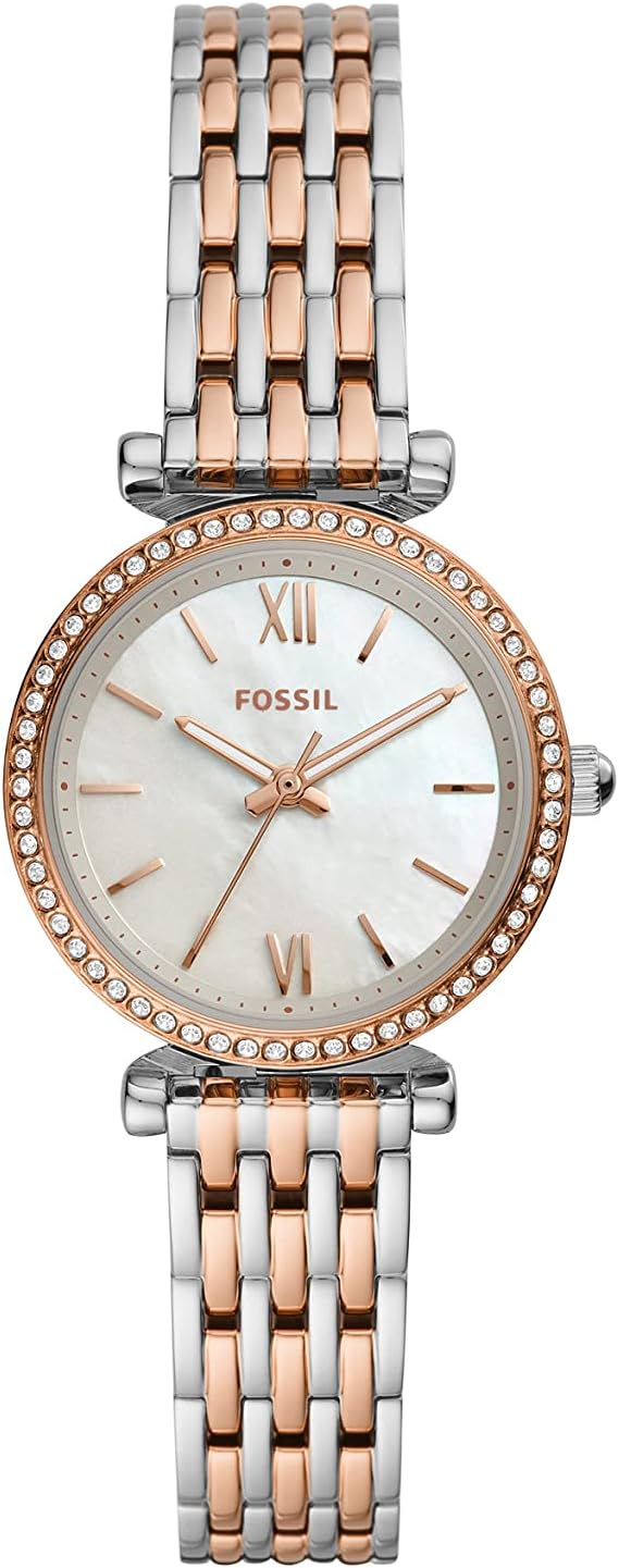 Fossil Carlie Mini horloge voor dames, Quartz uurwerk met roestvrij stalen of leren band, Zilverkleurig en roségoudkleurig