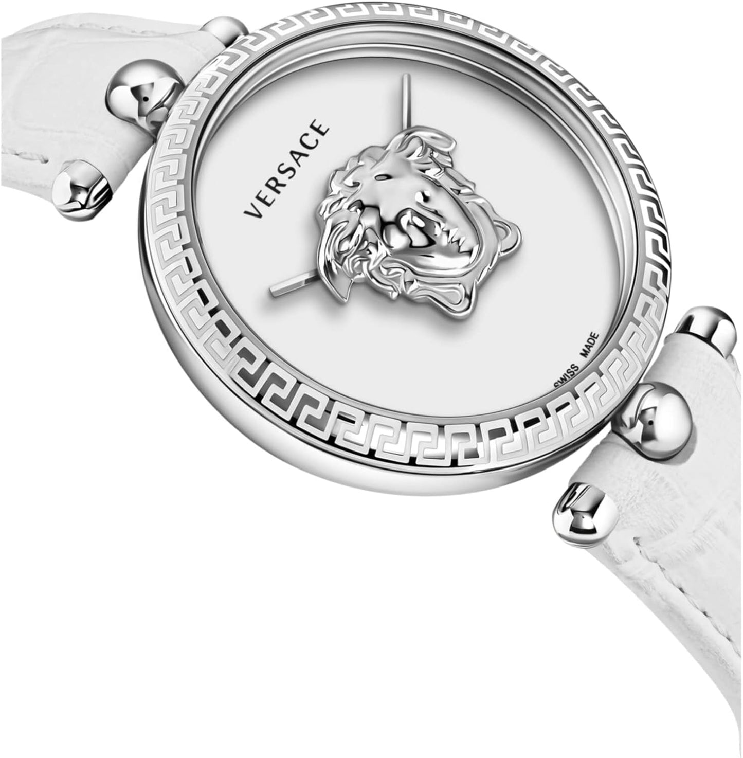 Versace Palazzo Empire Collection Luxe dameshorloge met witte armband met roestvrijstalen kast en witte wijzerplaat, roestvrij staal, bot, Palazzo Empire, roestvrij staal, bot,, Roestvrij staal, OS