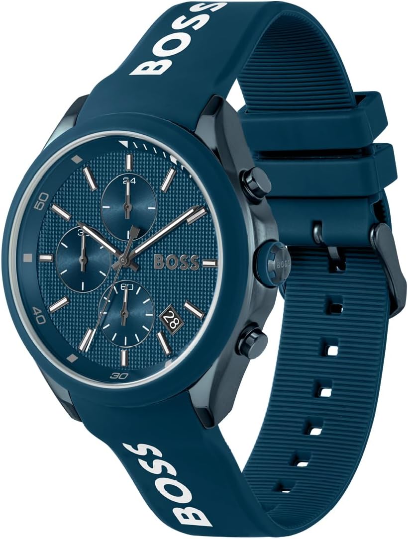 BOSS Velocity-herenhorloge met 44 mm chronograaf kwartshorloge met siliconen band, datumfunctie, 3 sub-wijzerplaten, 5ATM waterbestendig, Blauw, riem