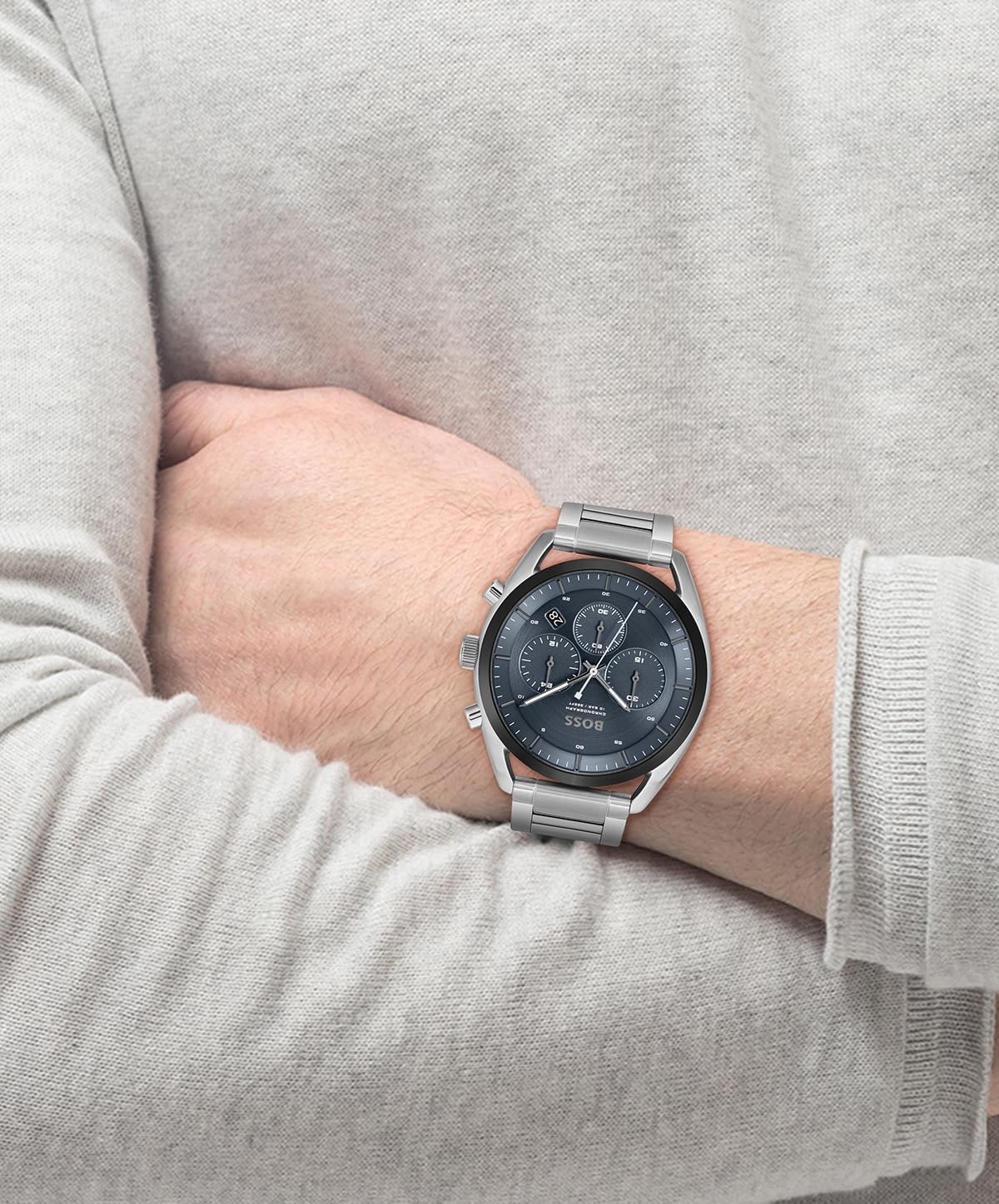 BOSS Chronograaf Quartz Horloge voor Mannen TOP Collectie met Roestvrij Staal of Siliconen Armband, Blauw, Roestvrij staal