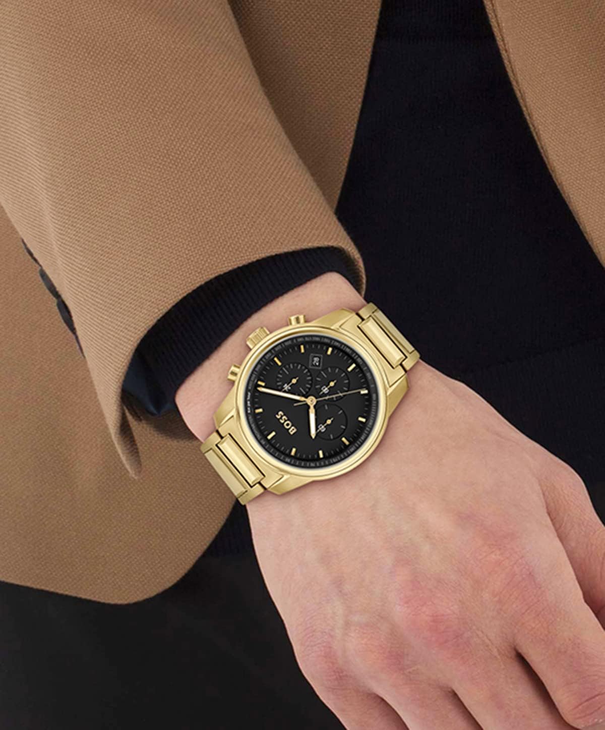BOSS Chronograaf Quartz Horloge voor Mannen met Goud Gekleurde Roestvrij Staal Armband - 1514006, Zwart, armband