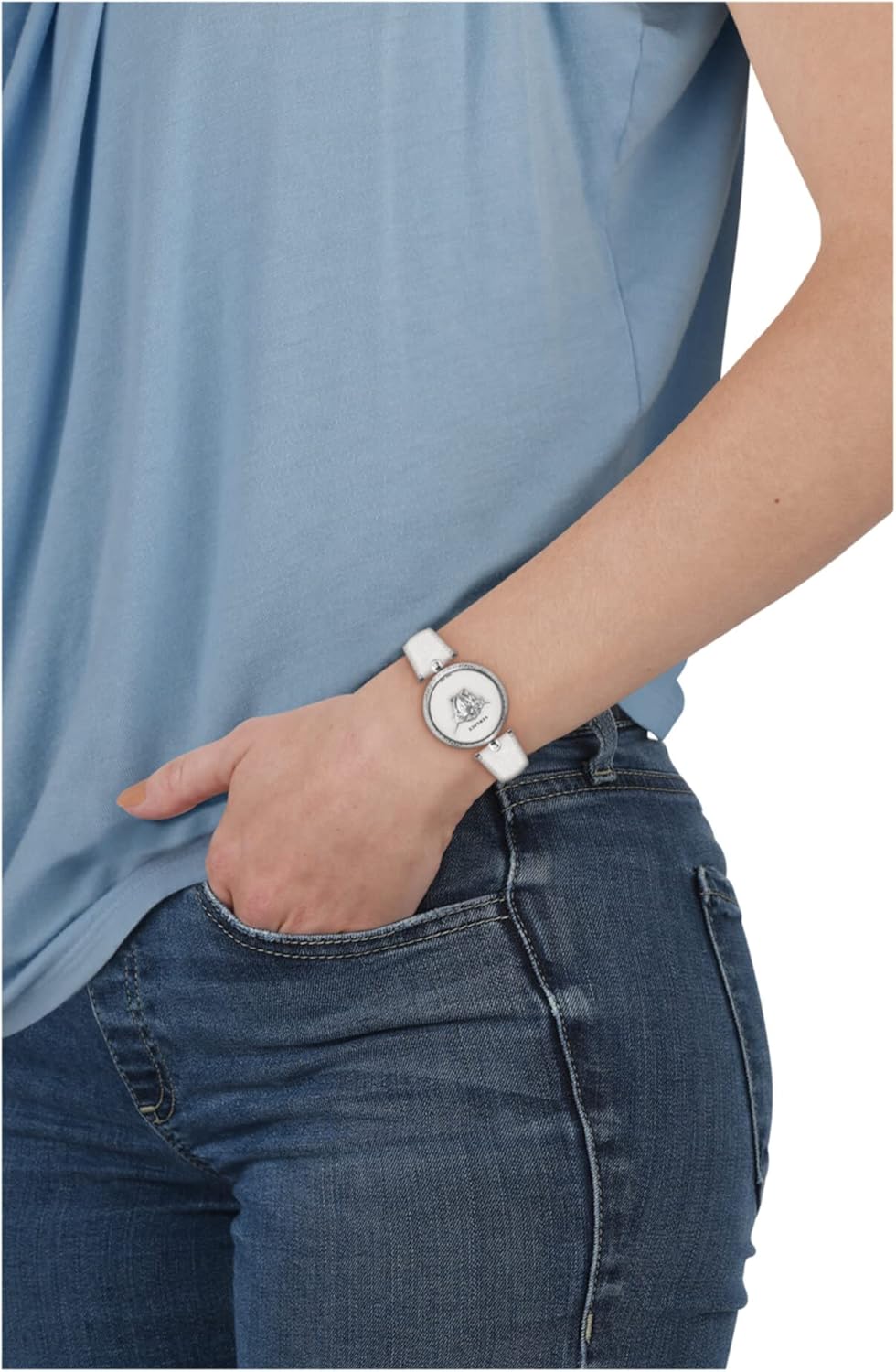 Versace Palazzo Empire Collection Luxe dameshorloge met witte armband met roestvrijstalen kast en witte wijzerplaat, roestvrij staal, bot, Palazzo Empire, roestvrij staal, bot,, Roestvrij staal, OS