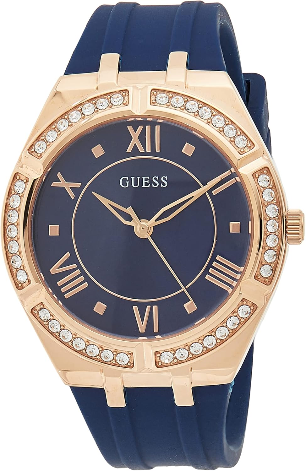 GUESS Blauw + Rose Goud-Tone Crystal Siliconen Horloge