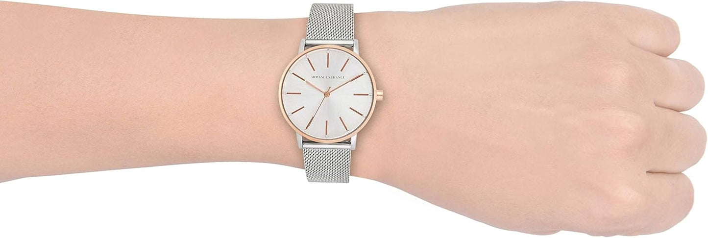 Armani Exchange Roestvrij stalen dameshorloge met drie wijzers, 36 mm behuizingsgrootte, roestvrijstalen mesh-armband