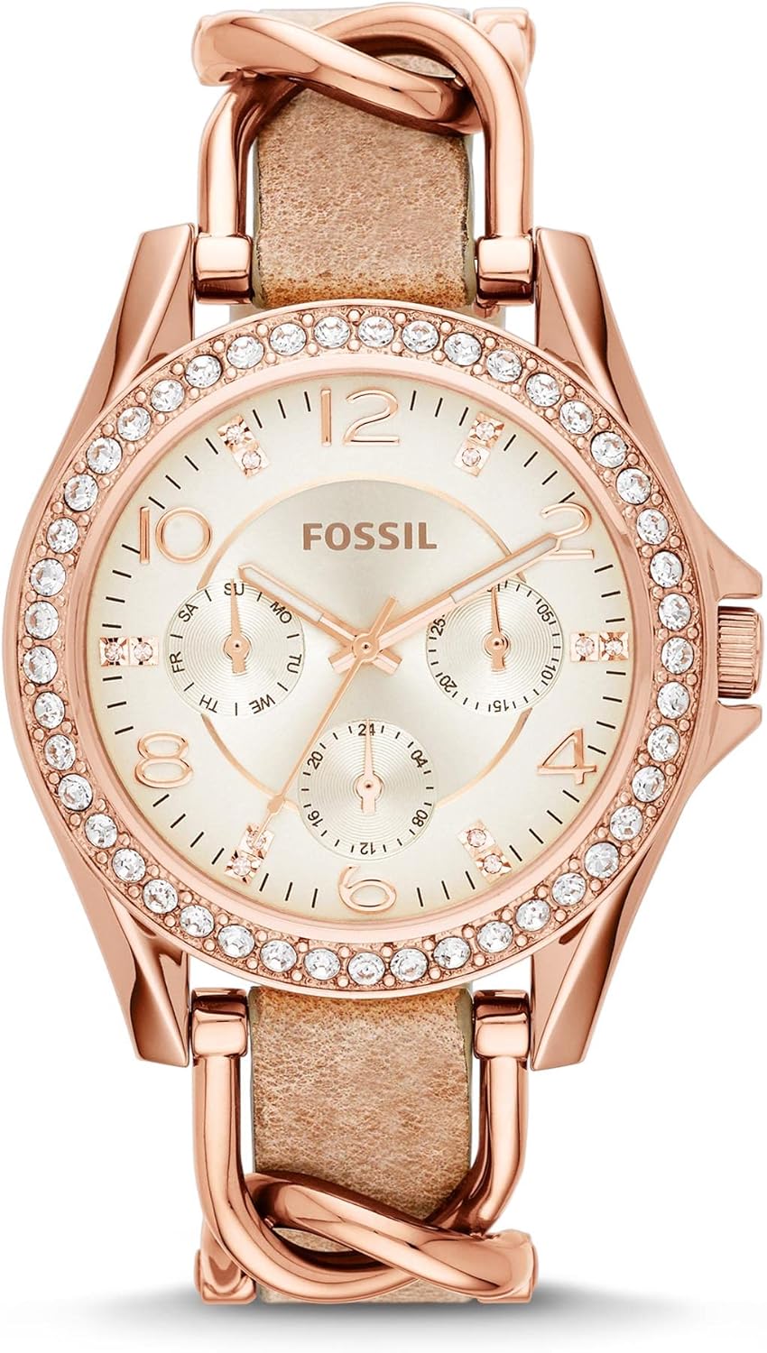 Fossil Riley horloge voor dames, chronograaf uurwerk met roestvrij stalen of leren band