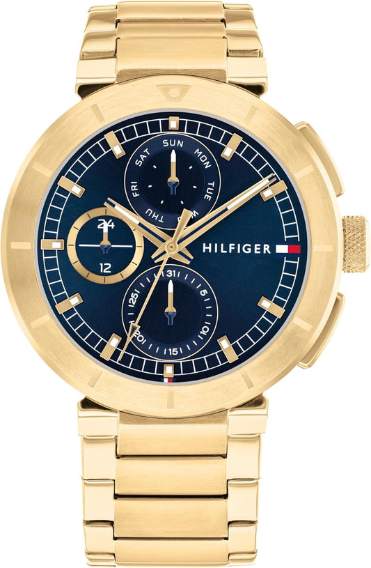 Tommy Hilfiger Collectie analoog quartzhorloge met meerdere functies en goudkleurig roestvrijstalen bandje voor heren, 1792118