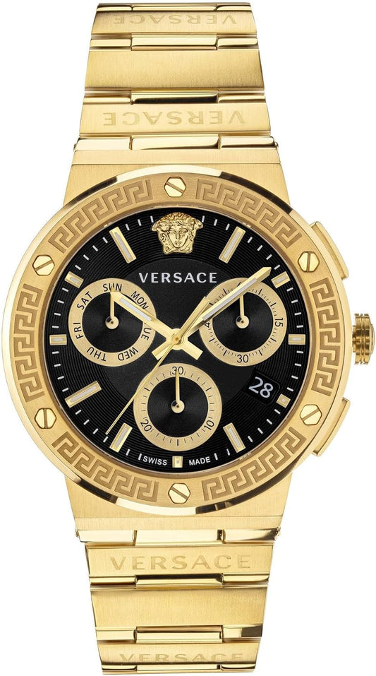 Versace Greca Logo Chr.43 Mm Chronograaf Quartz Zwarte Wijzerplaat Saffier Glas Heren Horloge VEZ900421, Goud-Tone, Hedendaags, Goud-toon, hedendaags