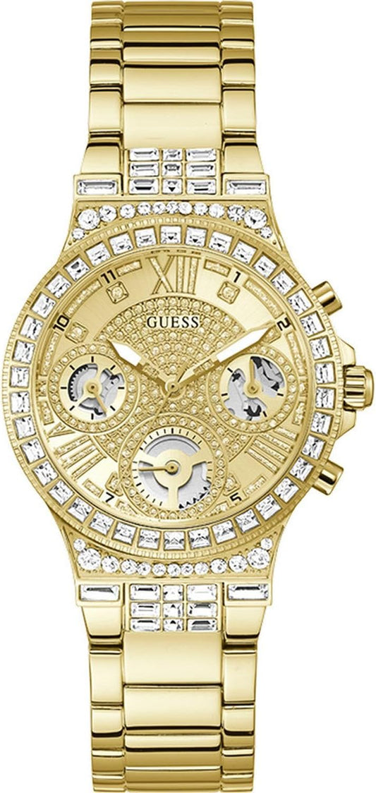 GUESS Dames sport multifunctionele Glitz met kristallen 36 mm horloge - roze wijzerplaat rose goudkleurige roestvrijstalen kast en armband