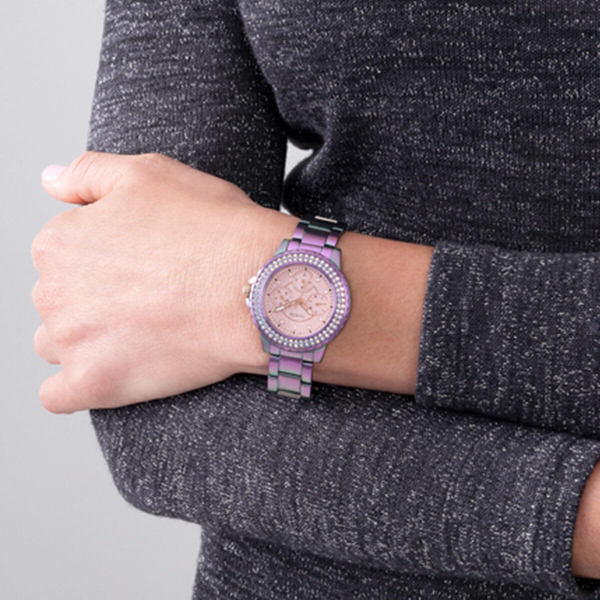 GUESS Dames sport kristal multifunctioneel 36 mm horloge - witte wijzerplaat rose goudkleurige roestvrijstalen kast met blauwe siliconen band