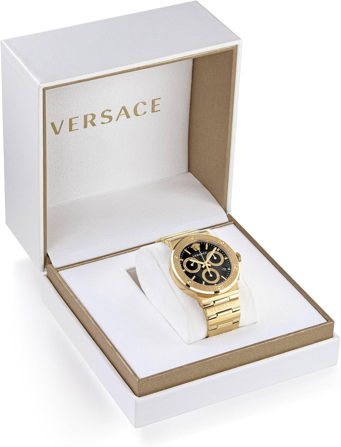 Versace Greca Logo Chr.43 Mm Chronograaf Quartz Zwarte Wijzerplaat Saffier Glas Heren Horloge VEZ900421, Goud-Tone, Hedendaags, Goud-toon, hedendaags