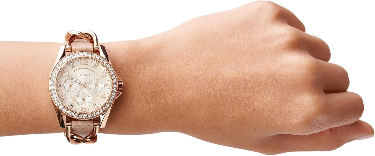 Fossil Riley horloge voor dames, chronograaf uurwerk met roestvrij stalen of leren band