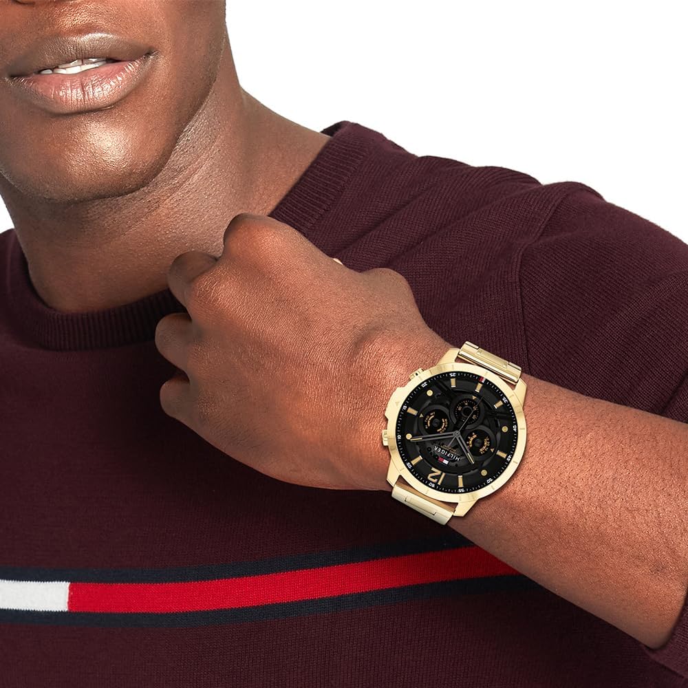 Tommy Hilfiger Analoog multifunctioneel quartz horloge voor mannen met goudkleurige roestvrijstalen armband - 1710511, Zwart, armband