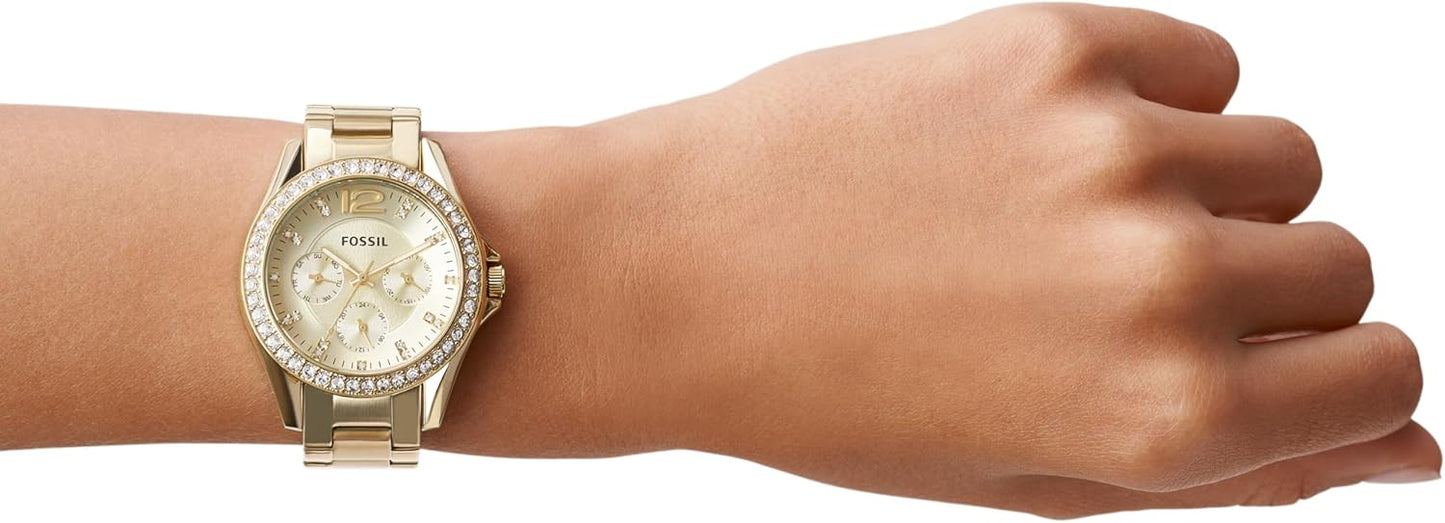 Fossil Riley horloge voor dames, chronograaf uurwerk met roestvrij stalen of leren band
