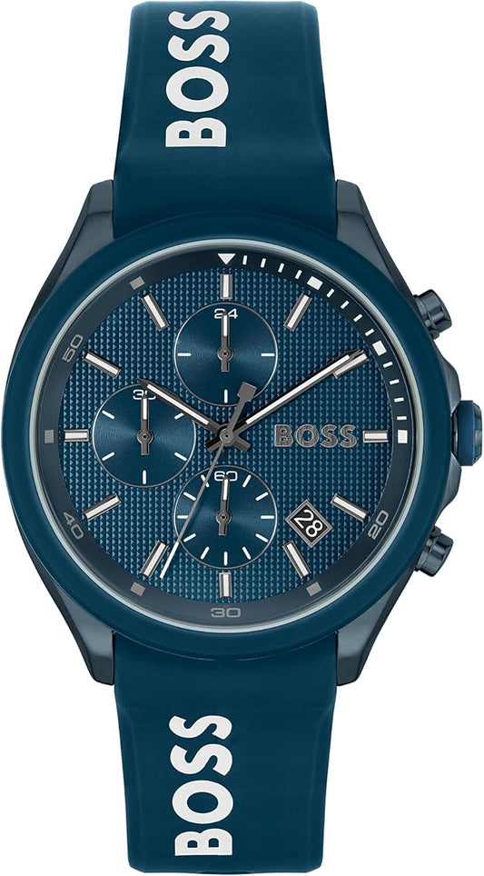 BOSS Velocity-herenhorloge met 44 mm chronograaf kwartshorloge met siliconen band, datumfunctie, 3 sub-wijzerplaten, 5ATM waterbestendig, Blauw, riem