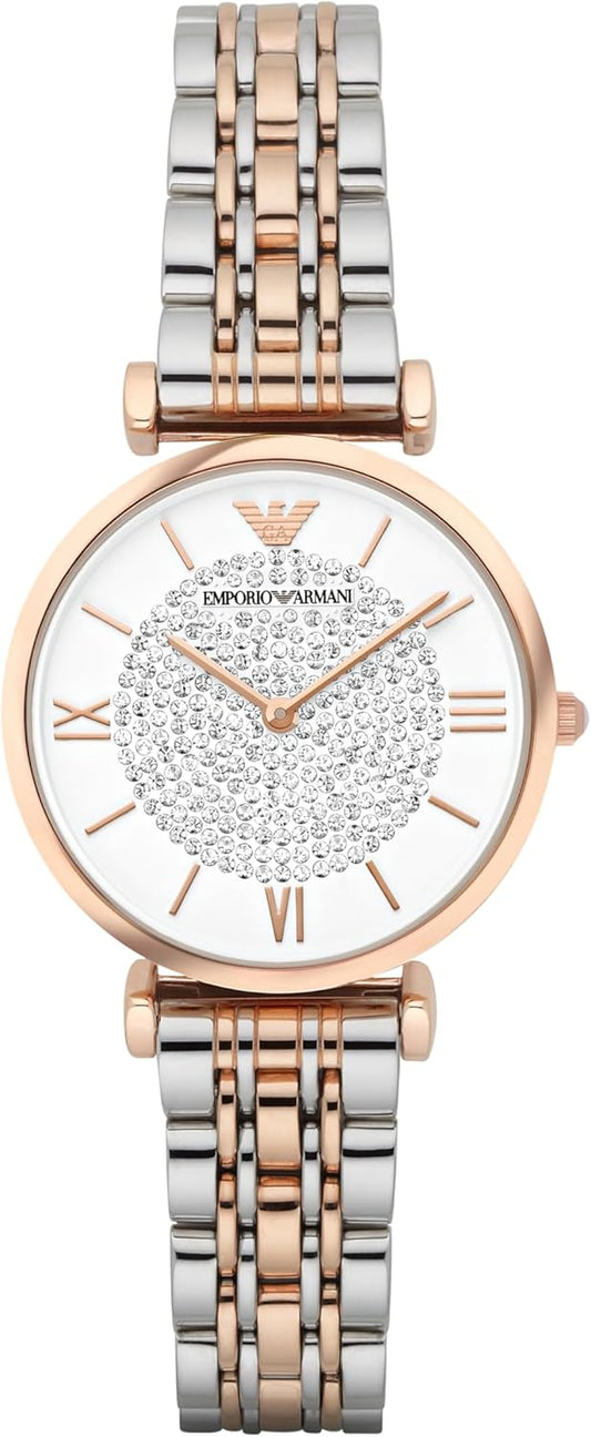 Emporio Armani Dameshorloge, kwartsuurwerk met twee wijzers en 32 mm behuizing met roestvrij staal, leren of siliconen armband