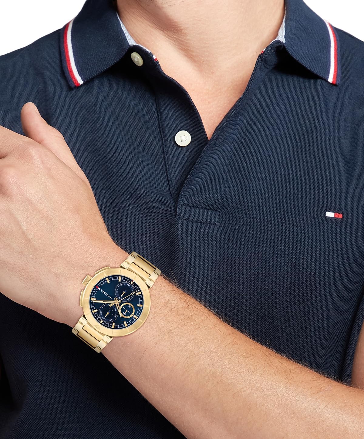 Tommy Hilfiger Collectie analoog quartzhorloge met meerdere functies en goudkleurig roestvrijstalen bandje voor heren, 1792118