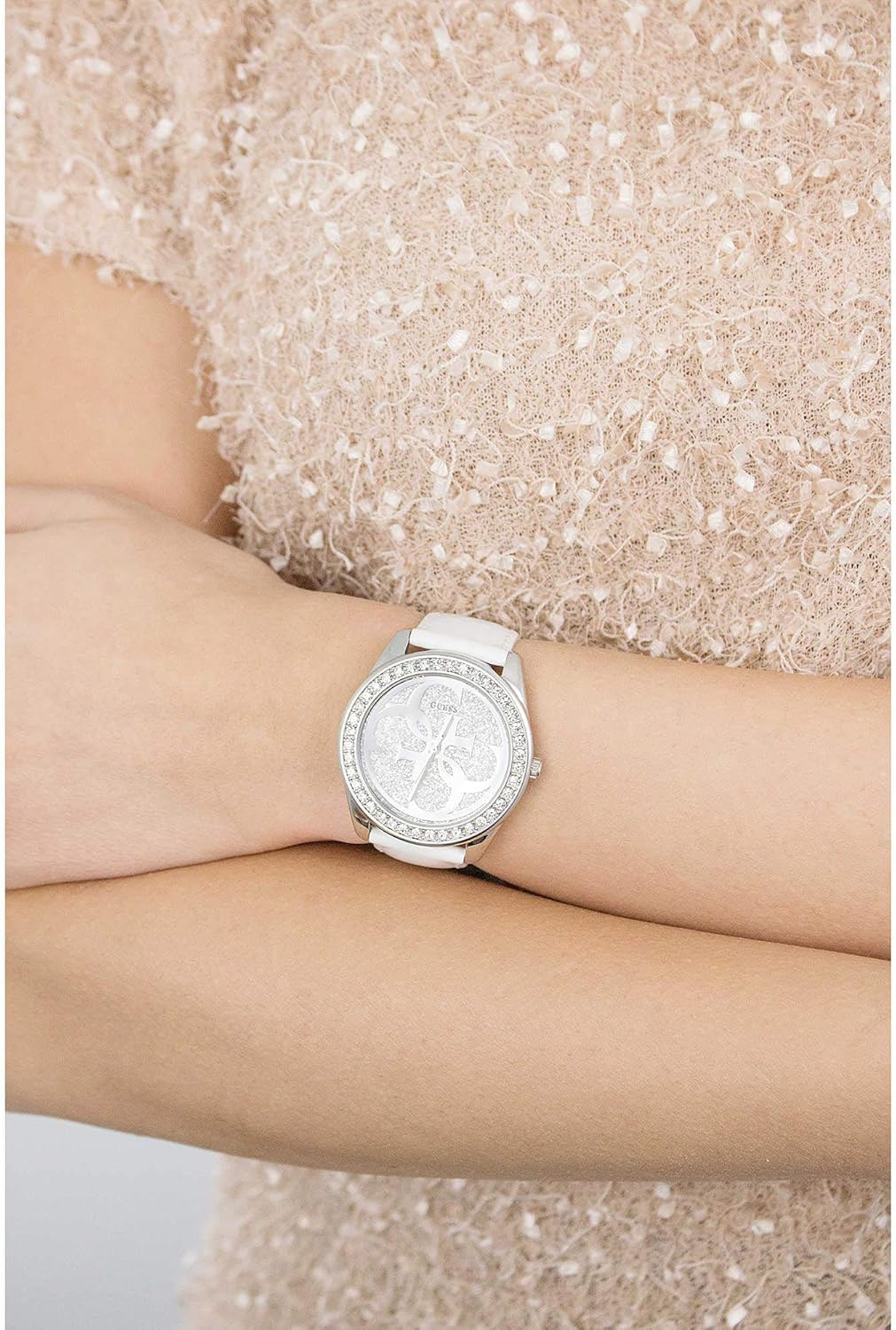 Guess Analoog kwartshorloge voor dames met leren armband W0627L4, wit/zilver, Classic