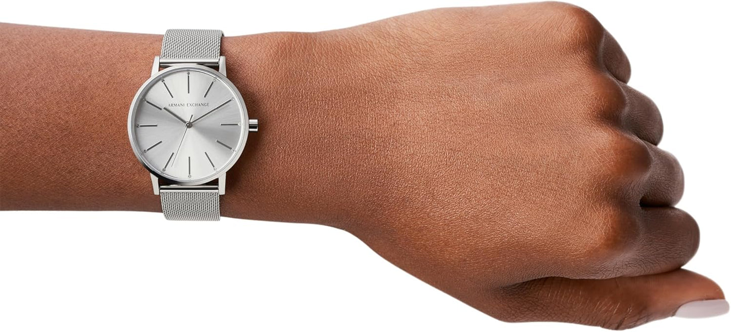 Armani Exchange Roestvrij stalen dameshorloge met drie wijzers, 36 mm behuizingsgrootte, roestvrijstalen mesh-armband