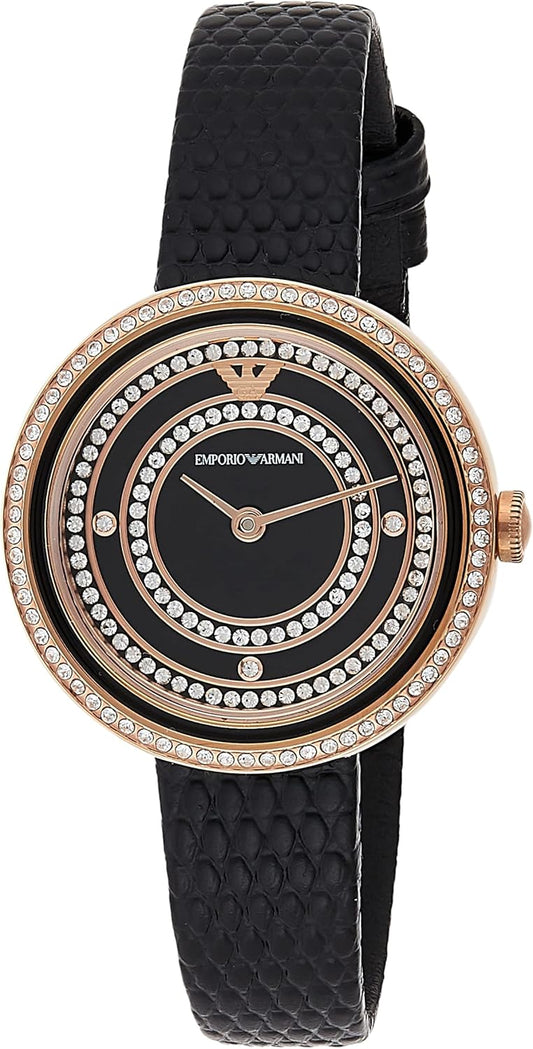 Emporio Armani Zwart Leren Horloge met Twee Wijzers