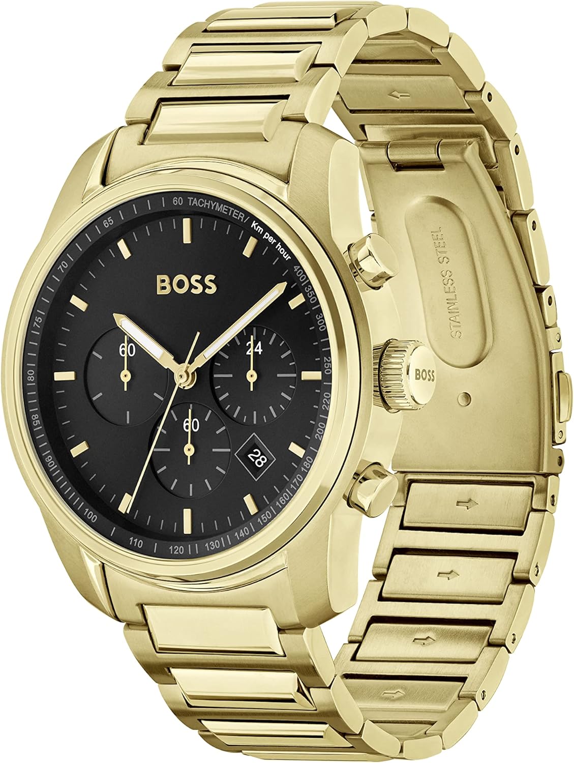 BOSS Chronograaf Quartz Horloge voor Mannen met Goud Gekleurde Roestvrij Staal Armband - 1514006, Zwart, armband