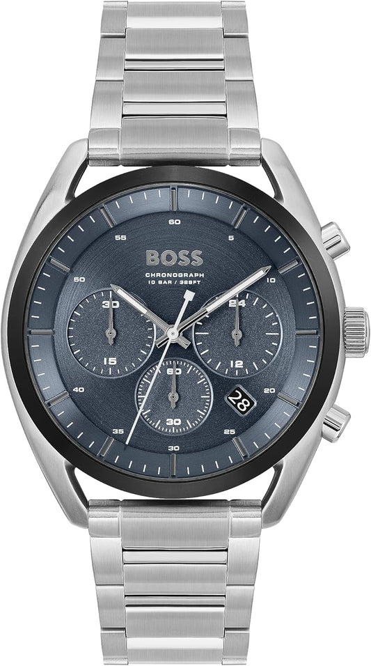 BOSS Chronograaf Quartz Horloge voor Mannen TOP Collectie met Roestvrij Staal of Siliconen Armband, Blauw, Roestvrij staal