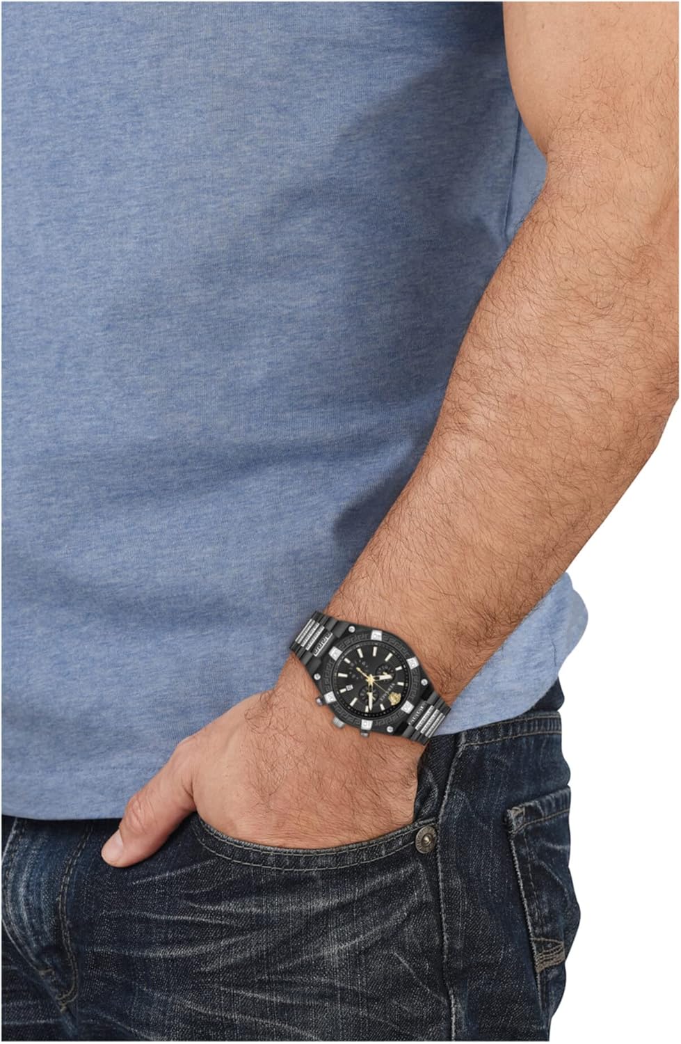 Versace Heren polshorloge Sporty GRECA chronograaf zwart, zilver 46 mm VESO01022, zwart
