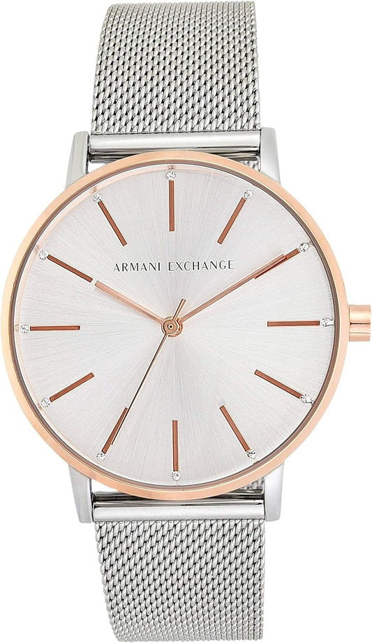 Armani Exchange Roestvrij stalen dameshorloge met drie wijzers, 36 mm behuizingsgrootte, roestvrijstalen mesh-armband